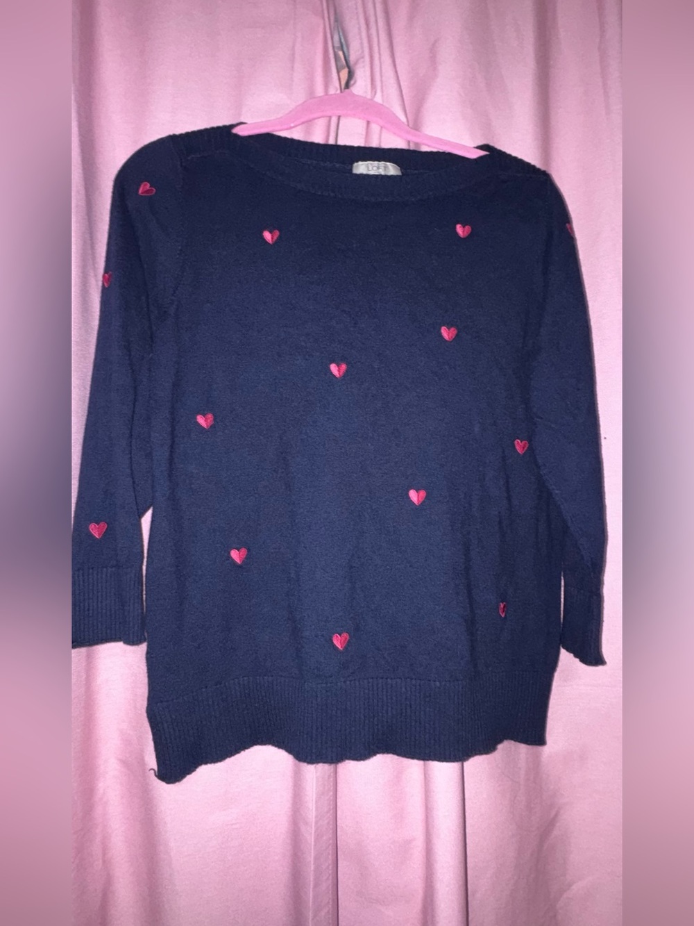 LOFT Navy Crewneck Sweater with Pink Heart Accents